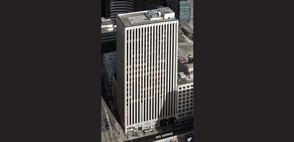An aerial view of a tall building.