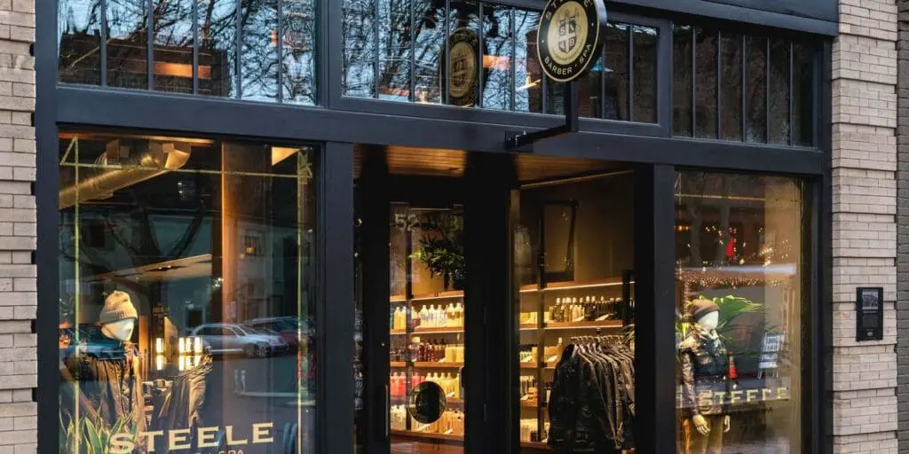 A storefront with a sign that says steele.